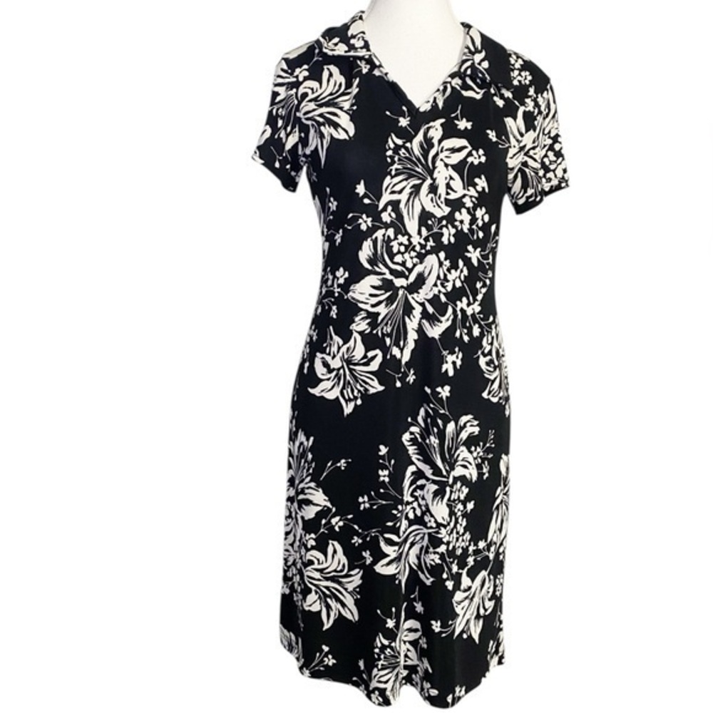 Enfocus Studio Black and White Floral Sheath Dress V-Neck Raglan